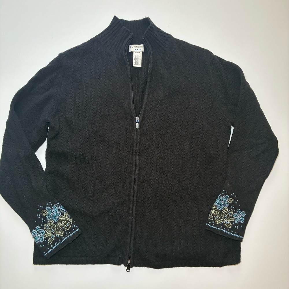 Vtg Covington Wool Blend Zip Sweater Embroidered Womens 16/18 XL Floral Cottage